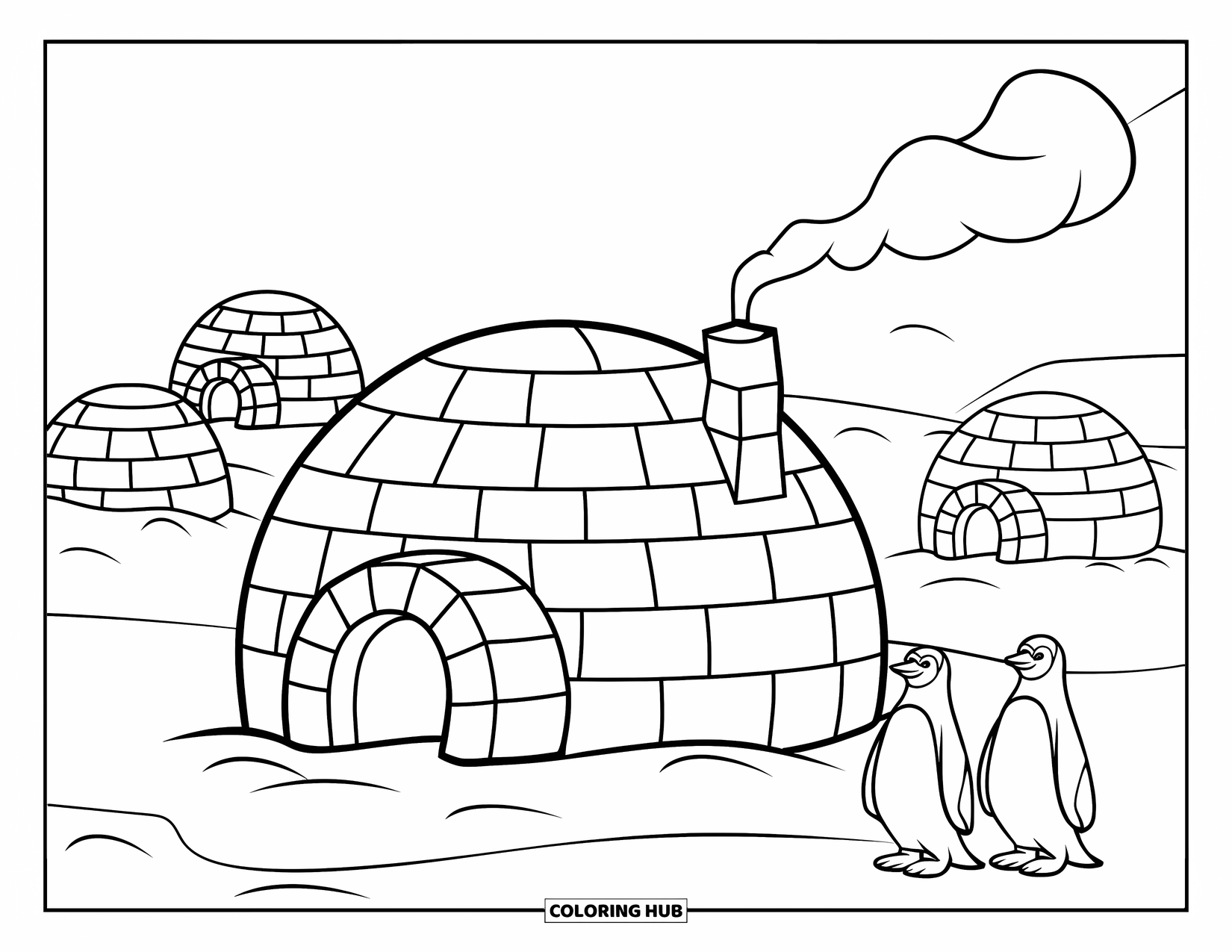 Winter Wonderland Coloring Page for Kids: Penguins stand beside an igloo in a snowy village with mountains behind
