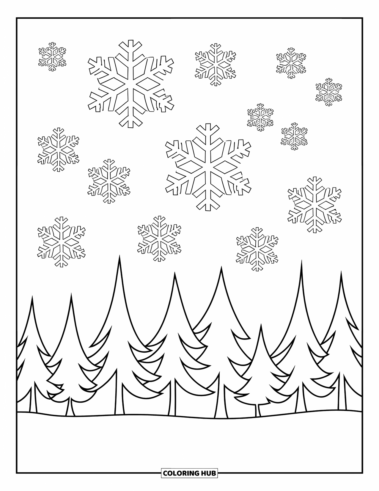 Winter Wonderland Coloring Page for Kids: Playful snowflakes fall around easy-to-color pine trees