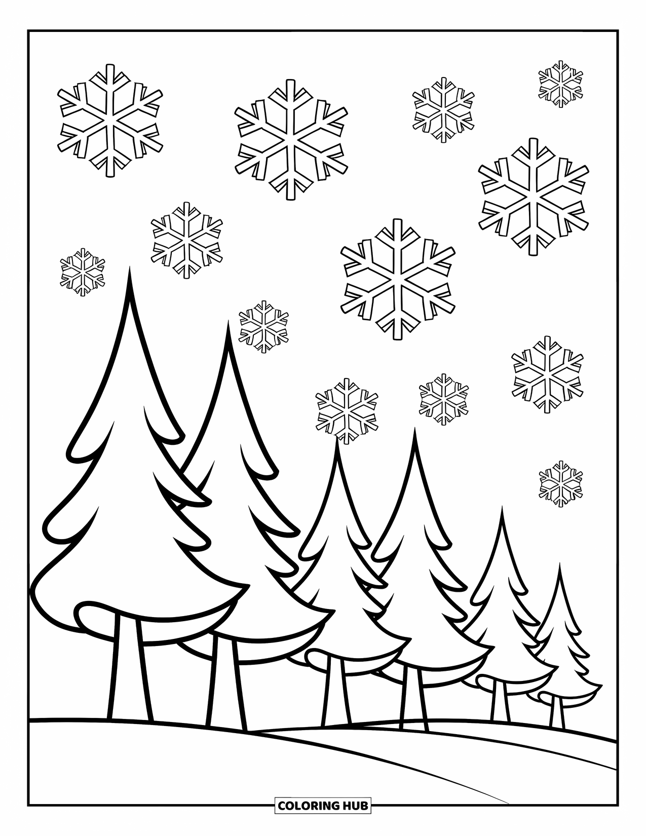 Winter Wonderland Coloring Page for Kids: Simple pine trees and big snowflakes create a fun wintery scene
