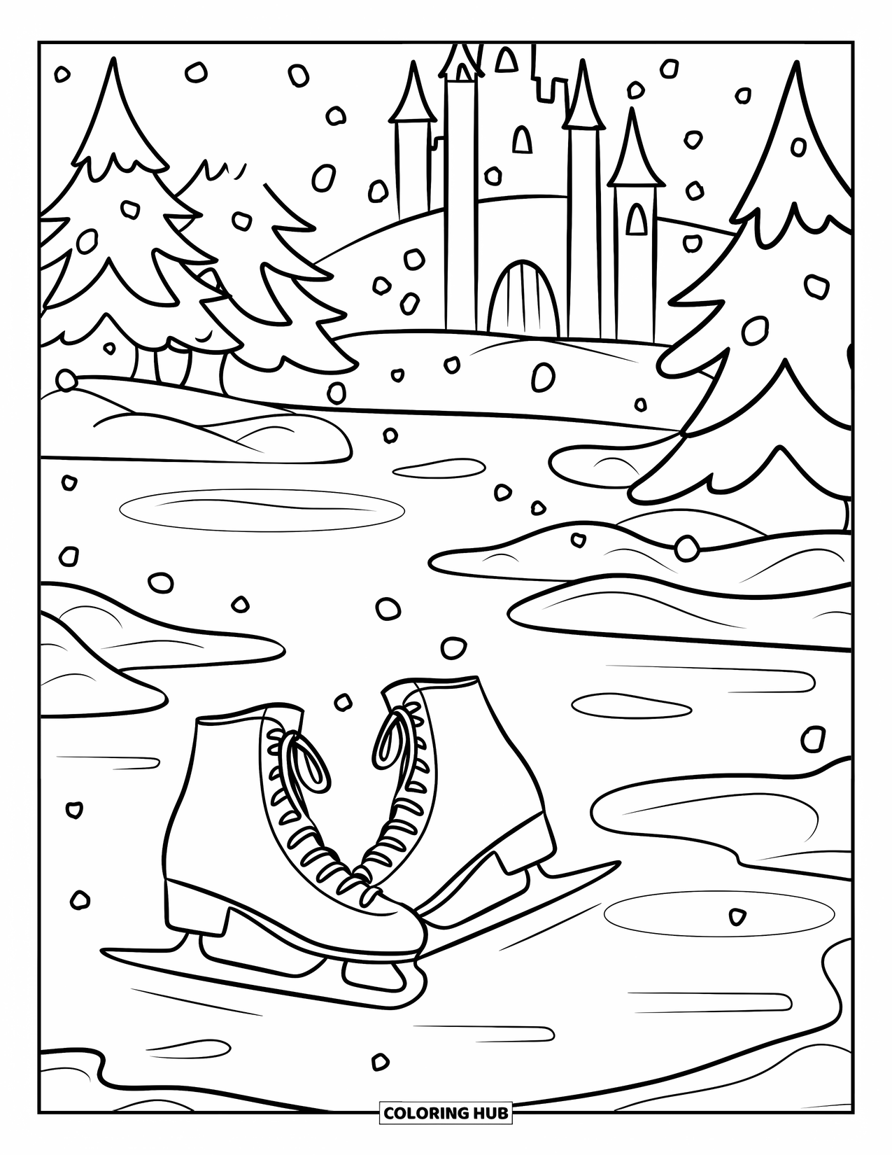 Winter Wonderland Coloring Page for Kids: Skates rest on a frozen pond surrounded by snowy trees and a distant castle