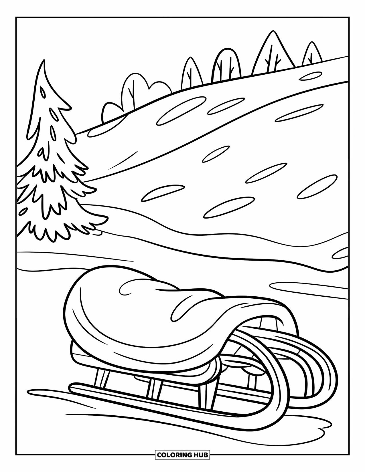 Winter Wonderland Coloring Page for Kids: Sled with a cozy blanket rests on snow near a hill and trees
