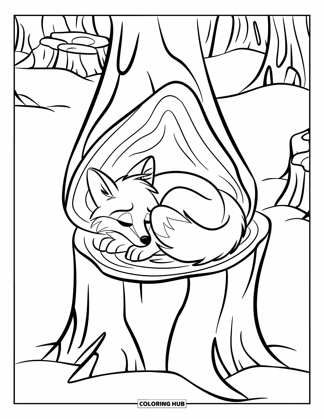 Winter Wonderland Coloring Page for Kids: Sleepy fox rests in a hollow stump in a snowy forest