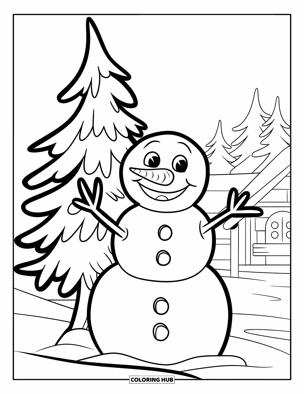 Winter Wonderland Coloring Page for Kids: Smiling snowman and snowy pine tree sit near a cozy cottage in the woods