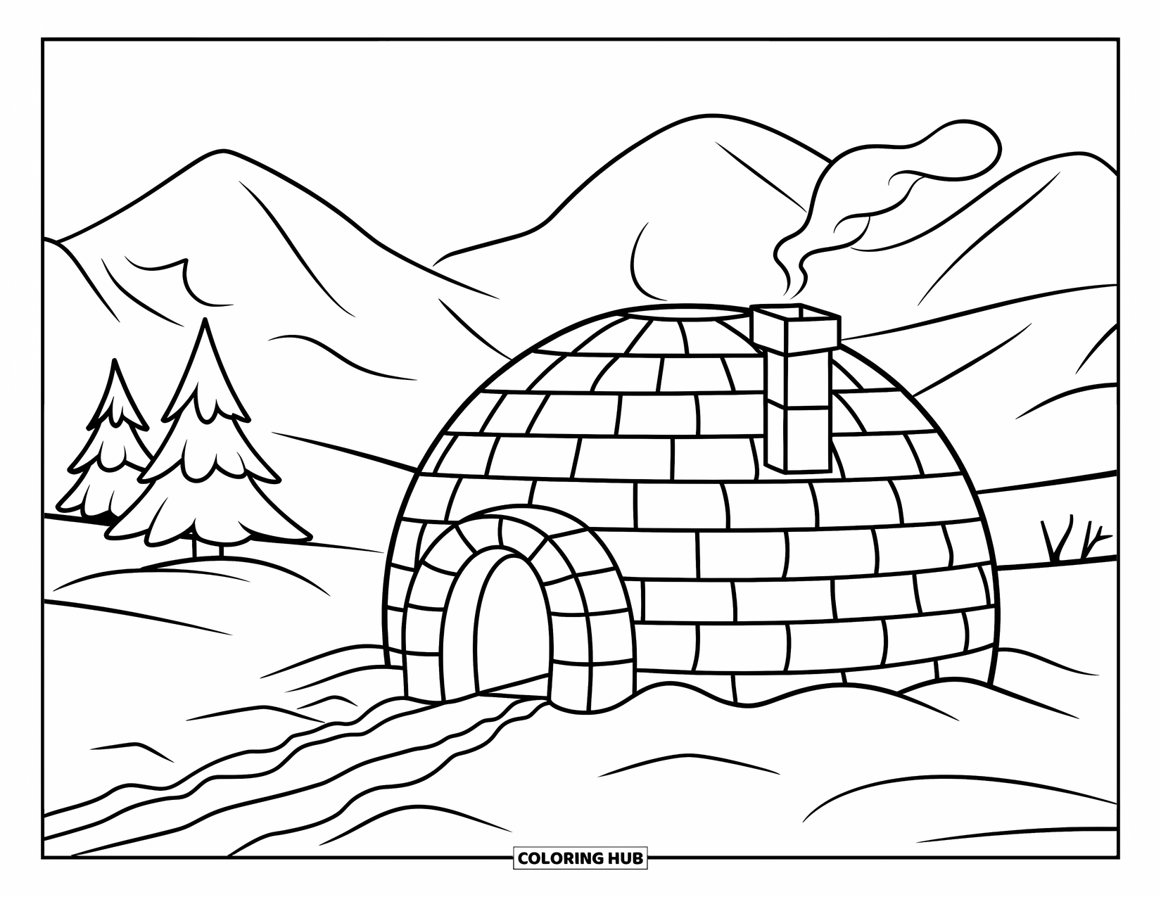 Winter Wonderland Coloring Page for Kids: Smoke rises from an igloo in a snowy forest with mountain views
