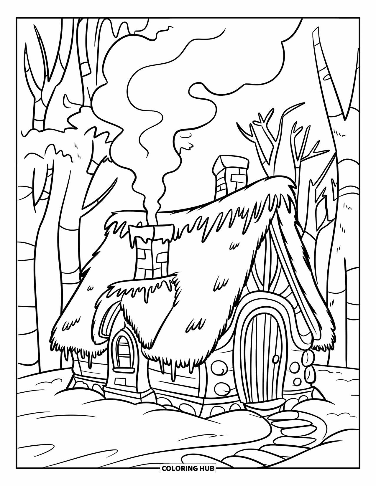 Winter Wonderland Coloring Page for Kids: Snowy forest cabin with a thatched roof and smoke drifting from the chimney