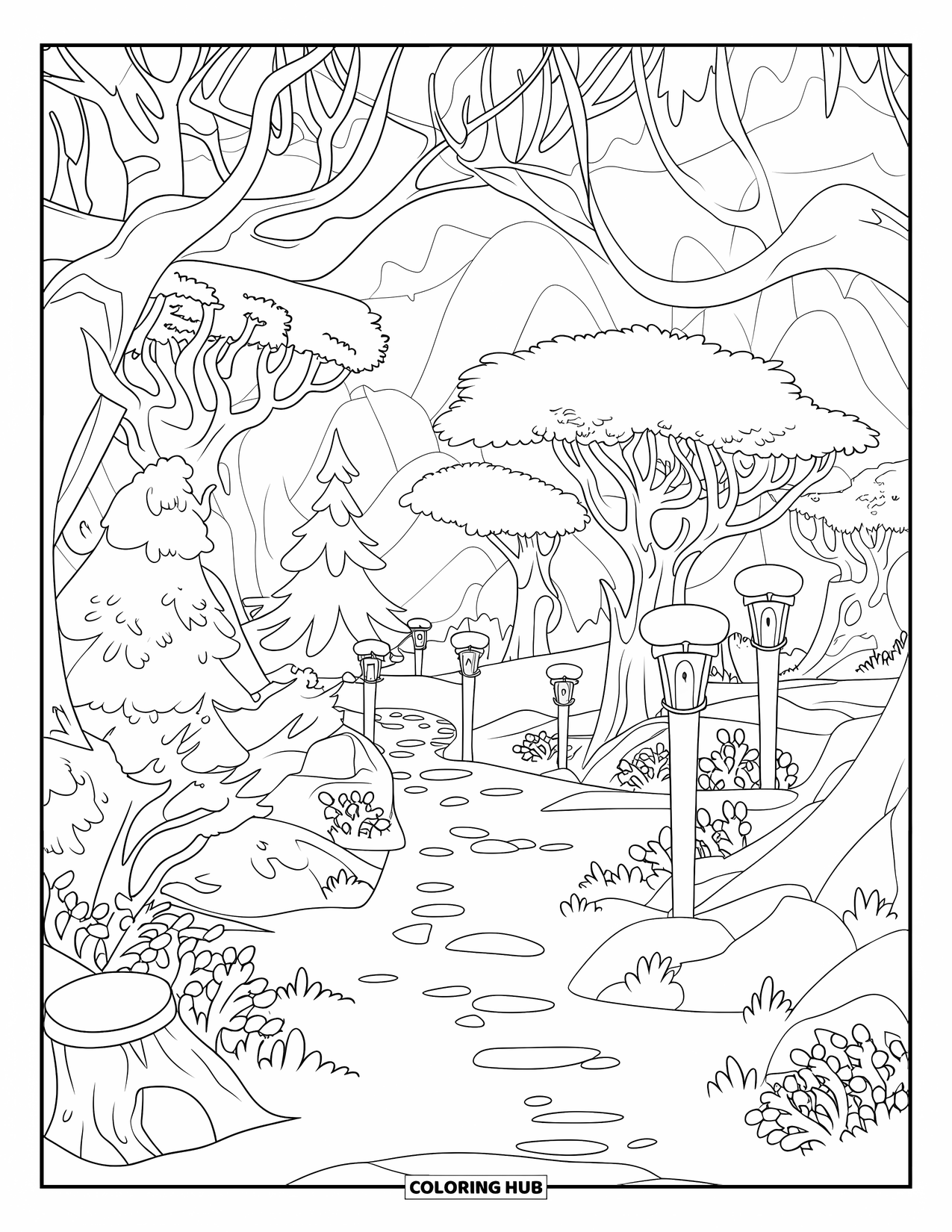 Winter Wonderland Coloring Page for Kids: Snowy forest trail lined with lanterns, trees, and scattered logs
