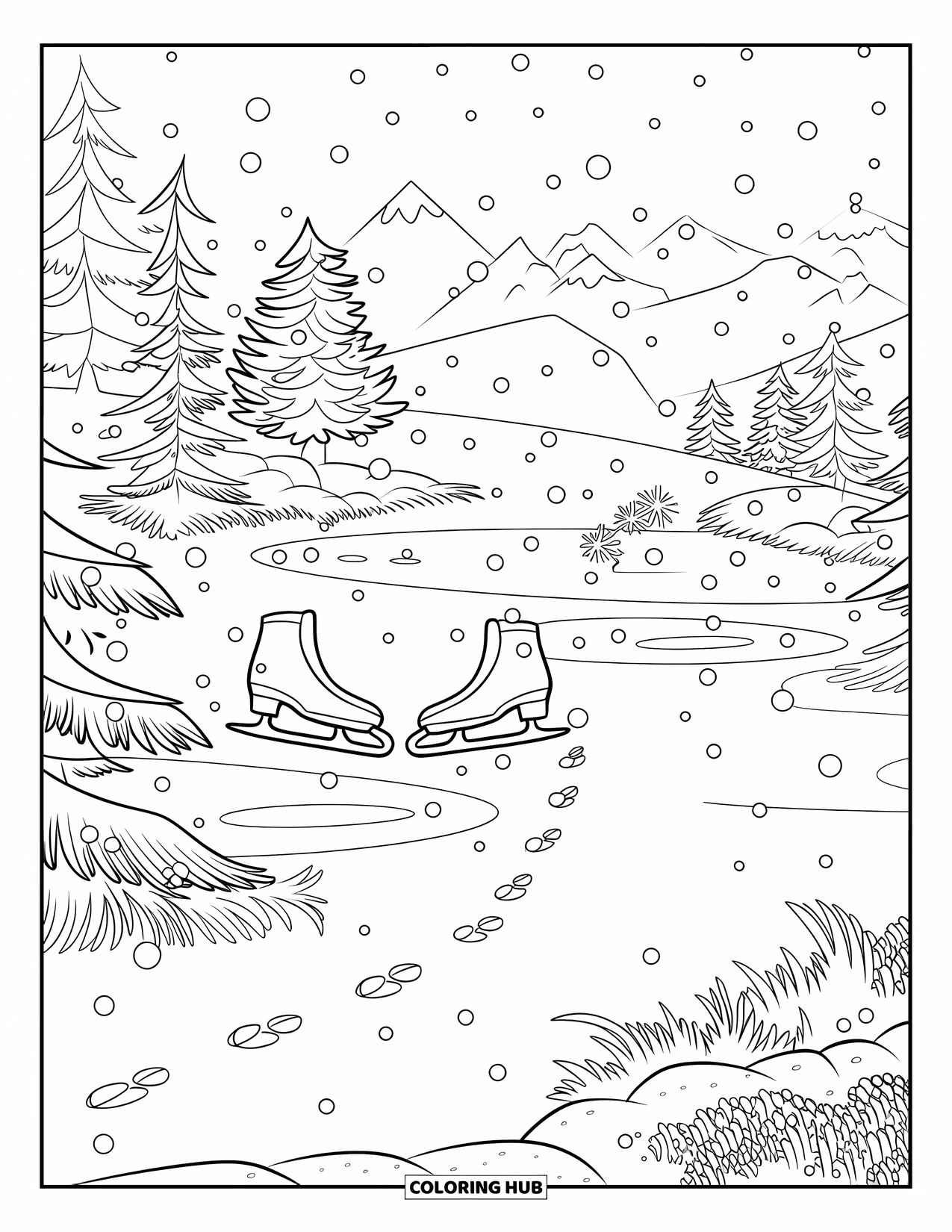 Winter Wonderland Coloring Page for Kids: Snowy pine trees frame a frozen pond with skates and mountain peaks in the distance