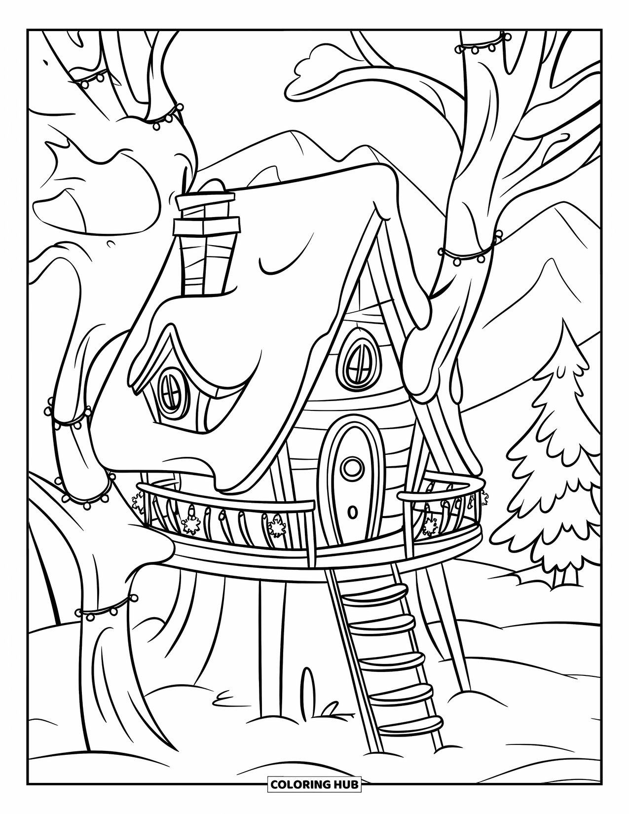 Winter Wonderland Coloring Page for Kids: Snowy treehouse with fairy lights and a mountain view in the distance