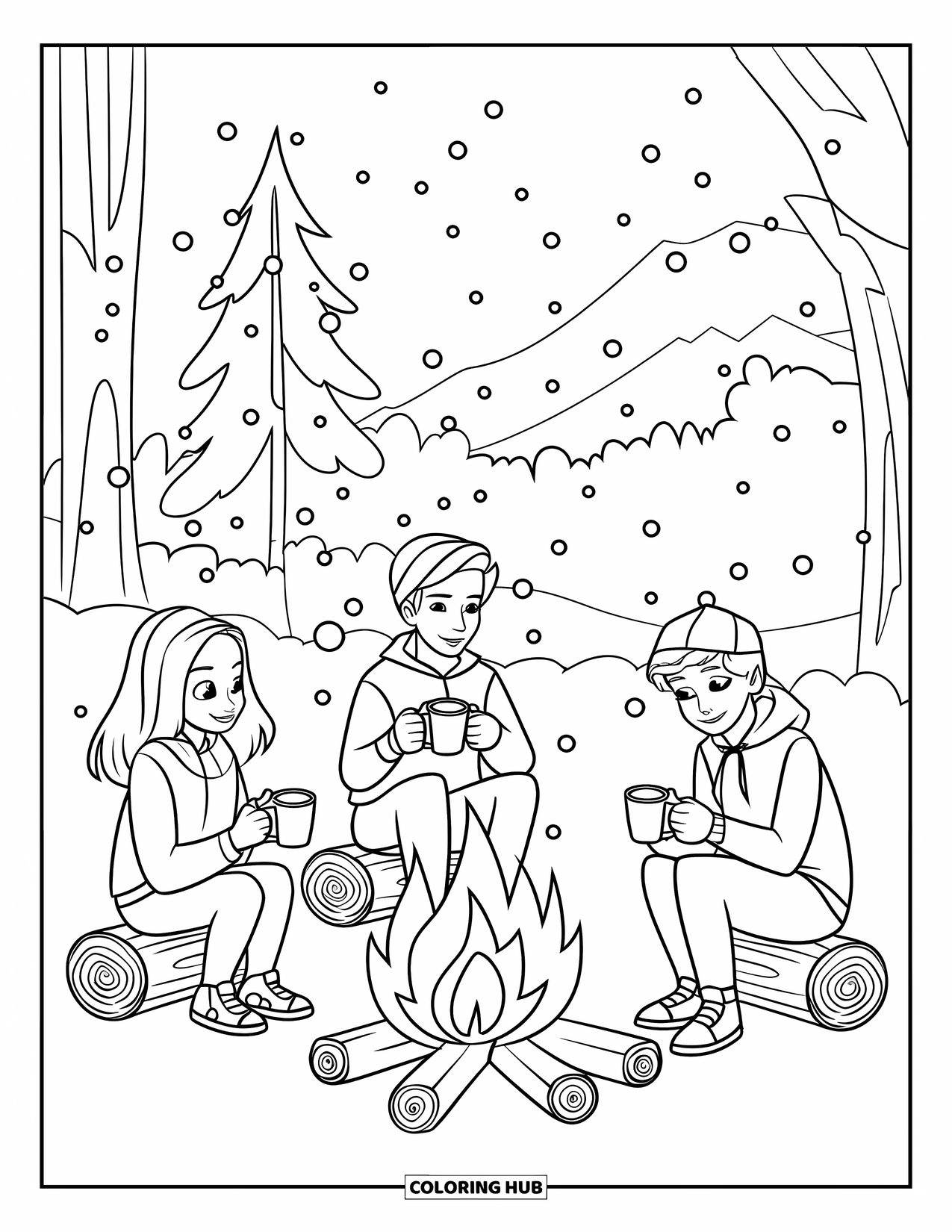 Winter Wonderland Coloring Page for Kids: Teens sit by a campfire with mugs as snow gently falls around them