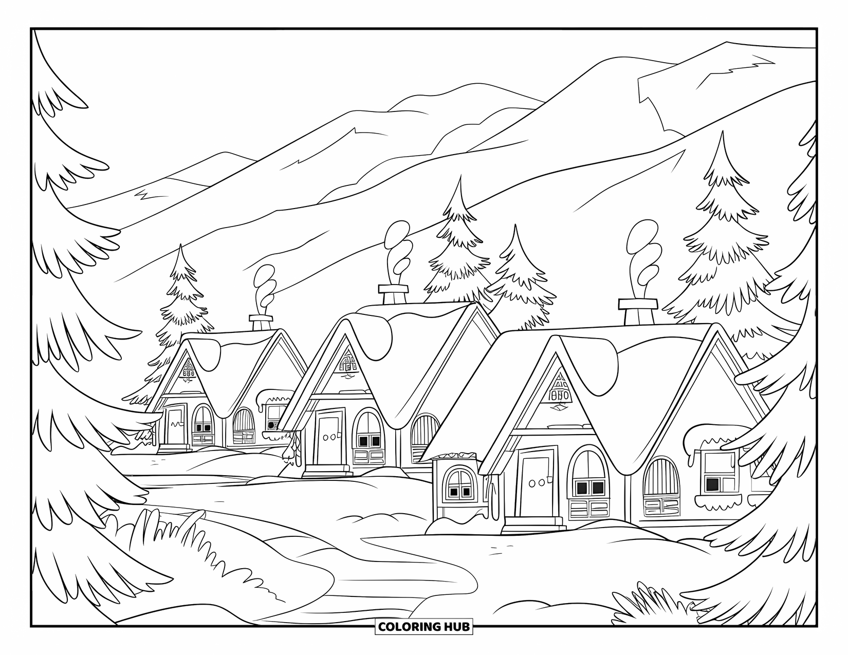 Winter Wonderland Coloring Page for Kids: Three cozy cottages sit along a snowy path with pine trees and mountains