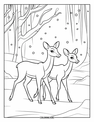Fargeleggingsark med vinterland for barn: To rådyr står i en snødekt skog mens snøfnugg daler mykt ned