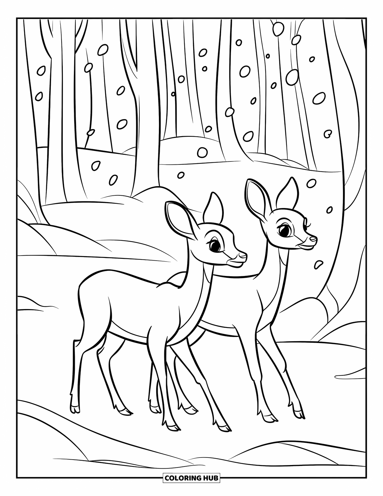 Winter Wonderland Coloring Page for Kids: Two deer walk through a quiet snowy forest with tall trees and falling snow