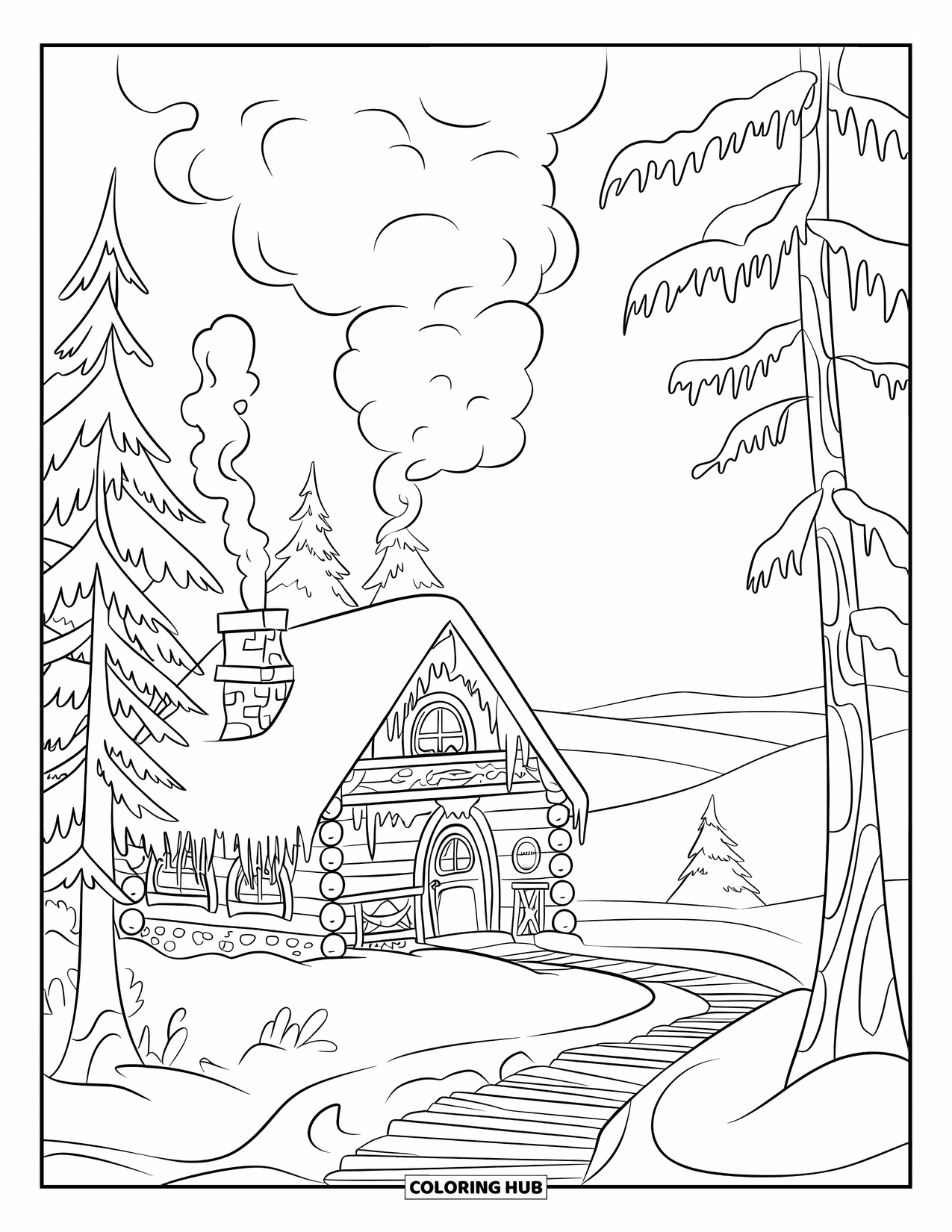 Winter Wonderland Coloring Page for Kids: Warm cabin with a snowy path, tall trees, and mountain views