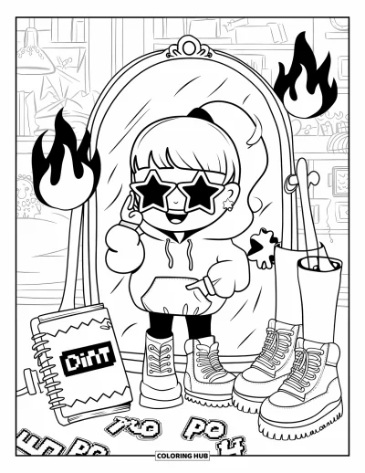 Ζωγραφιά Y2K για μεγάλους: Χαρακτήρας chibi με αστέρι γυαλιά ηλίου ποζάρει κοντά σε μπότες, ημερολόγιο και αυτοκόλλητα γκράφιτι