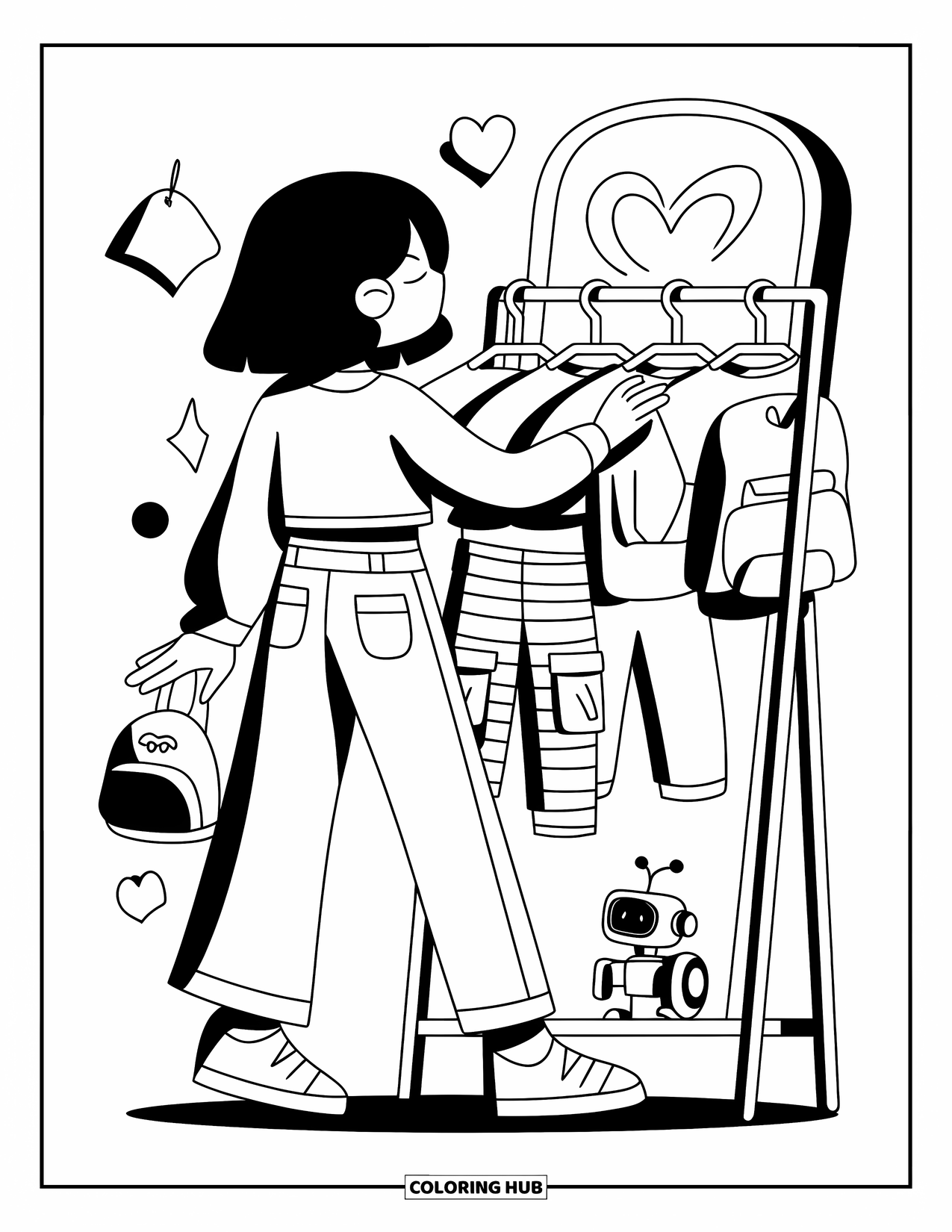 Y2K Coloring Page for Adults: Chibi fashionista checks out cute outfits with a heart mirror and tiny robot pet nearby