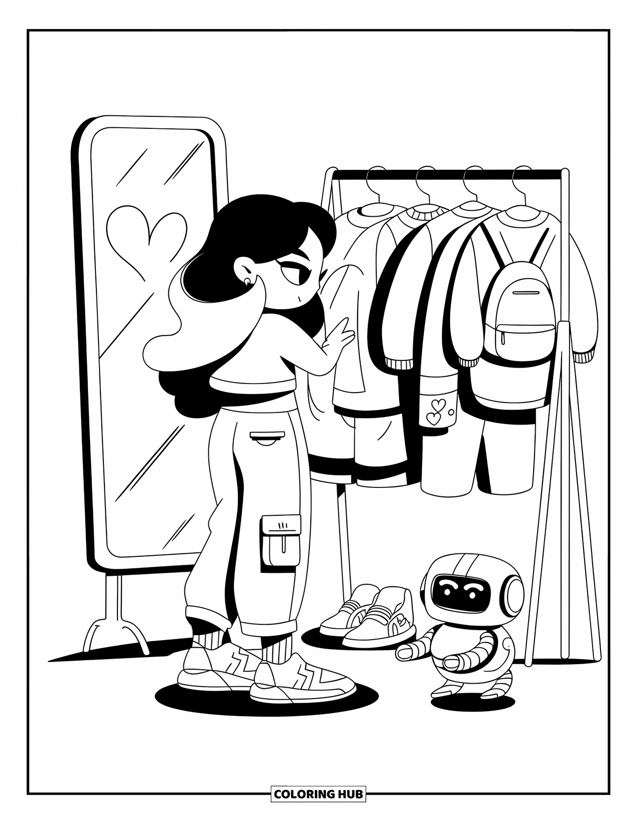 Y2K Coloring Page for Adults: Chibi fashionista flips through Y2K outfits with a robot pet and glowing mirror nearby