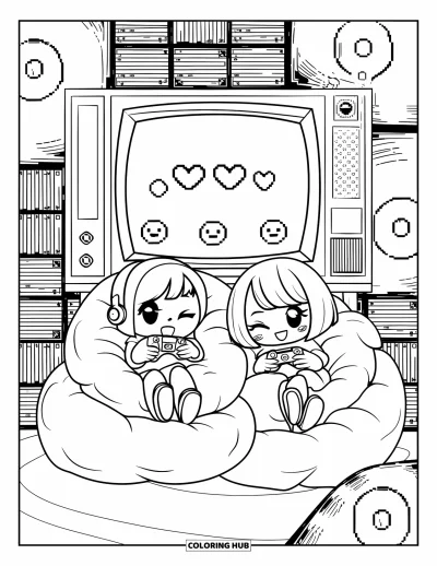 Ζωγραφιά Y2K για μεγάλους: Chibi φίλοι παίζουν βιντεοπαιχνίδια σε puff καρέκλες περιτριγυρισμένοι από CD και διασκεδαστική τέχνη τοίχου