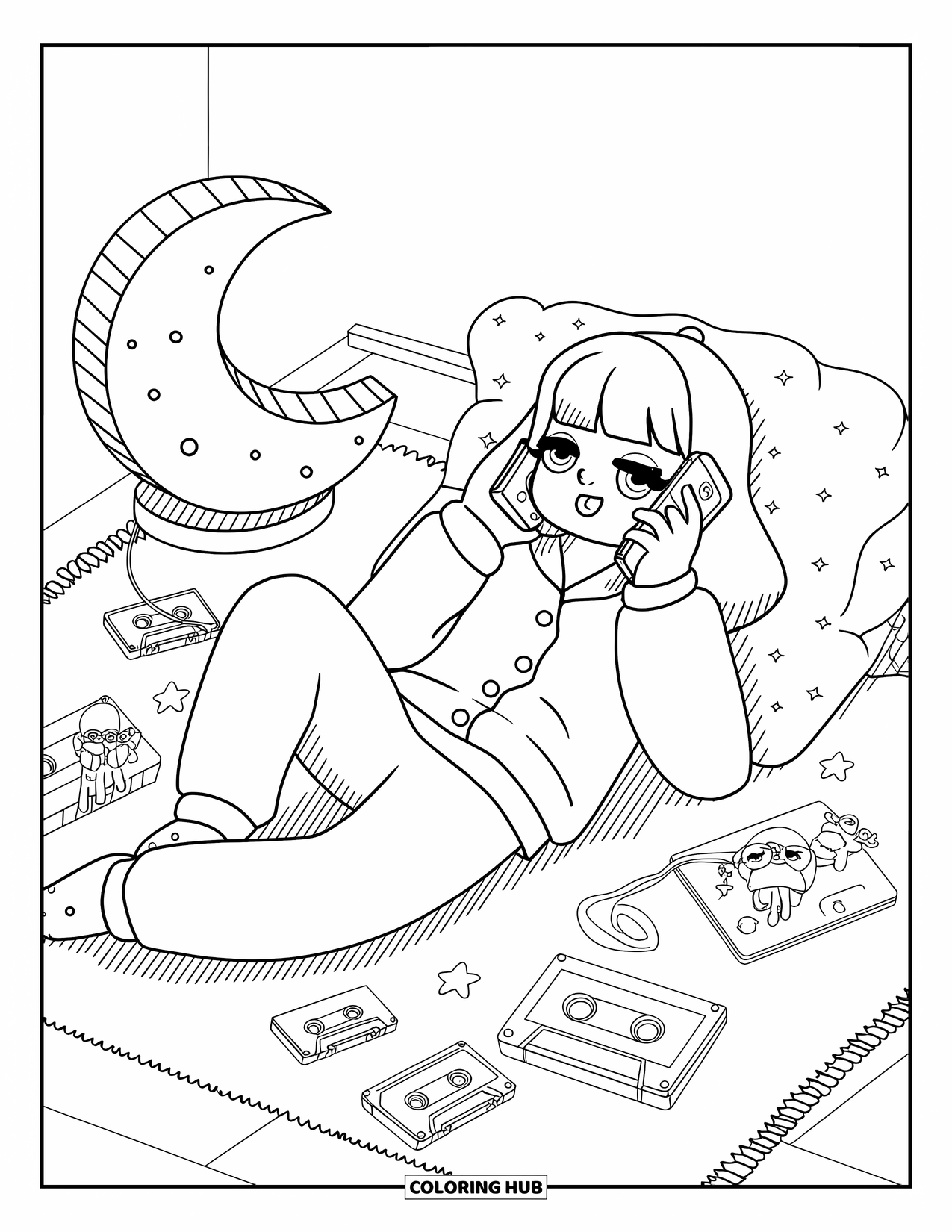 Y2K Coloring Page for Adults: Chibi girl relaxes on a rug with her notebook, phone, plushies, and cassette tapes