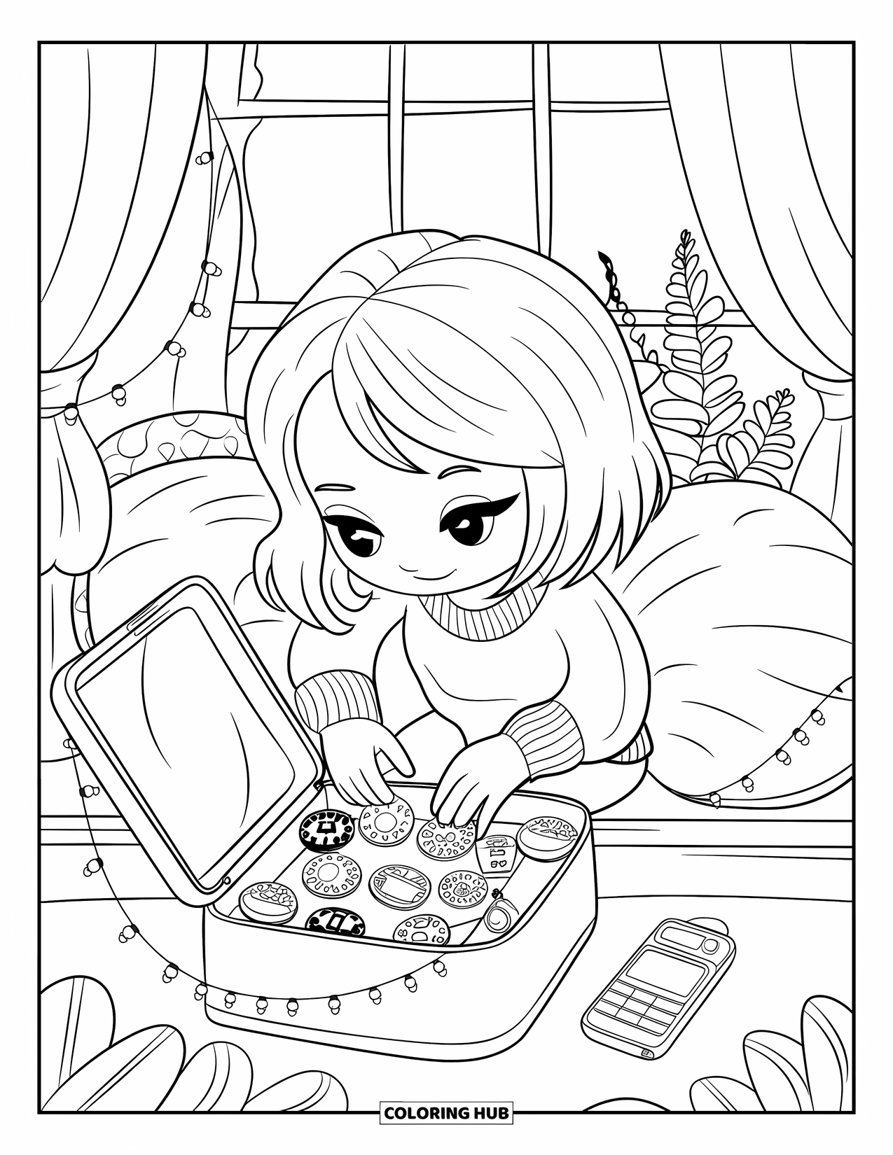 Y2K Coloring Page for Adults: Chibi girl sits at a windowsill with pillows, fairy lights, and a glowing charm box
