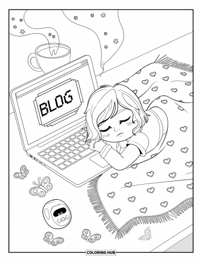Ζωγραφιά Y2K για μεγάλους: Chibi εφηβάκι αποκοιμιέται κοντά σε blog, αστέρι κούπα, κλιπς πεταλούδας και αναβοσβήνον κατοικίδιο