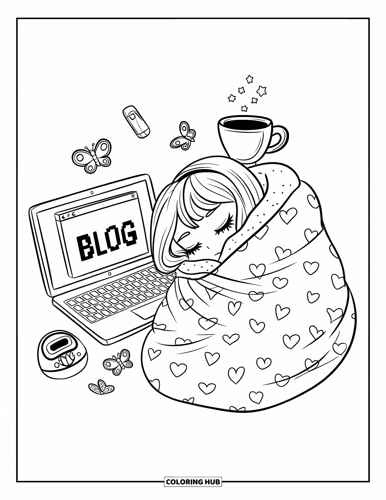 Y2K Coloring Page for Adults: Cozy teen naps in a blanket beside a pixel blog, warm cup, and Tamagotchi pet