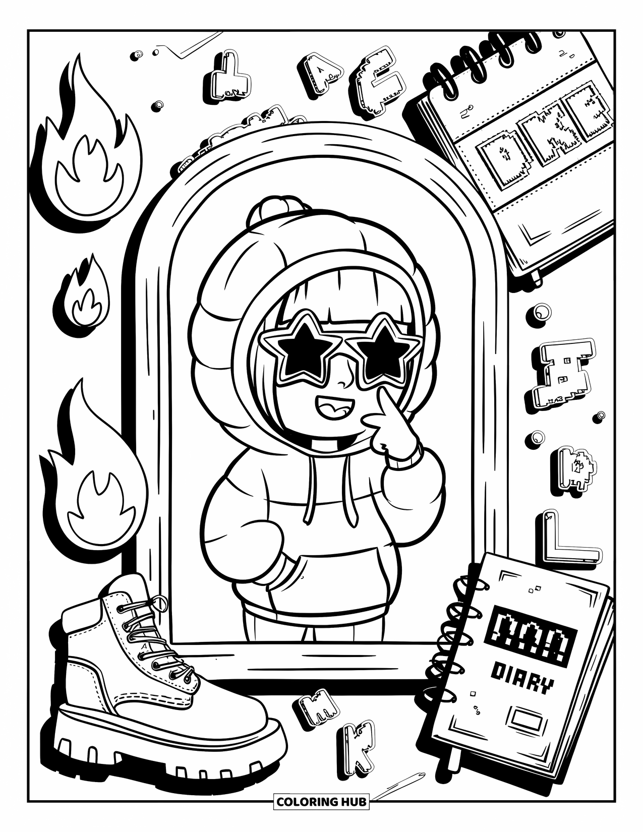 Y2K Coloring Page for Adults: Cute chibi character in a hoodie strikes a pose near flame icons and graffiti stickers