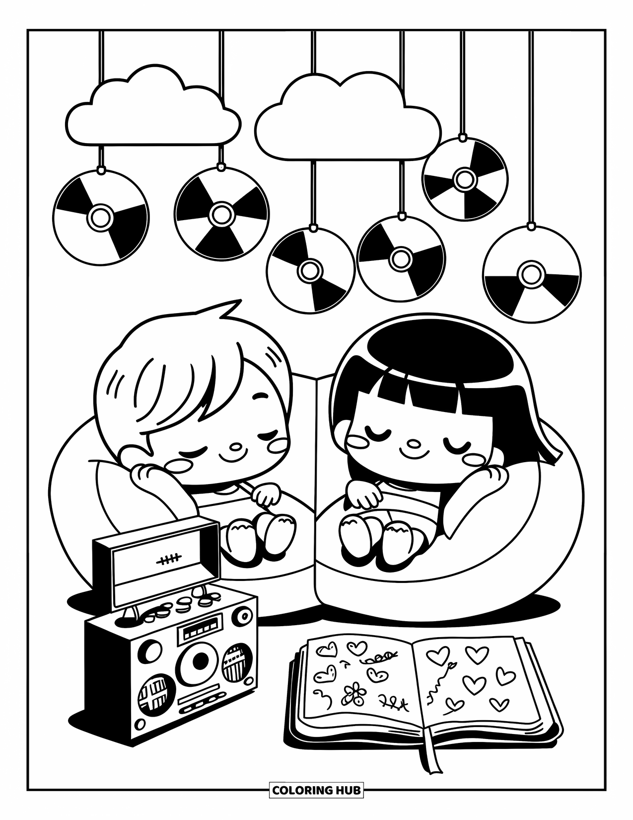 Y2K Coloring Page for Adults: Cute duo chill under fairy lights and CDs, with music playing and diary doodles nearby