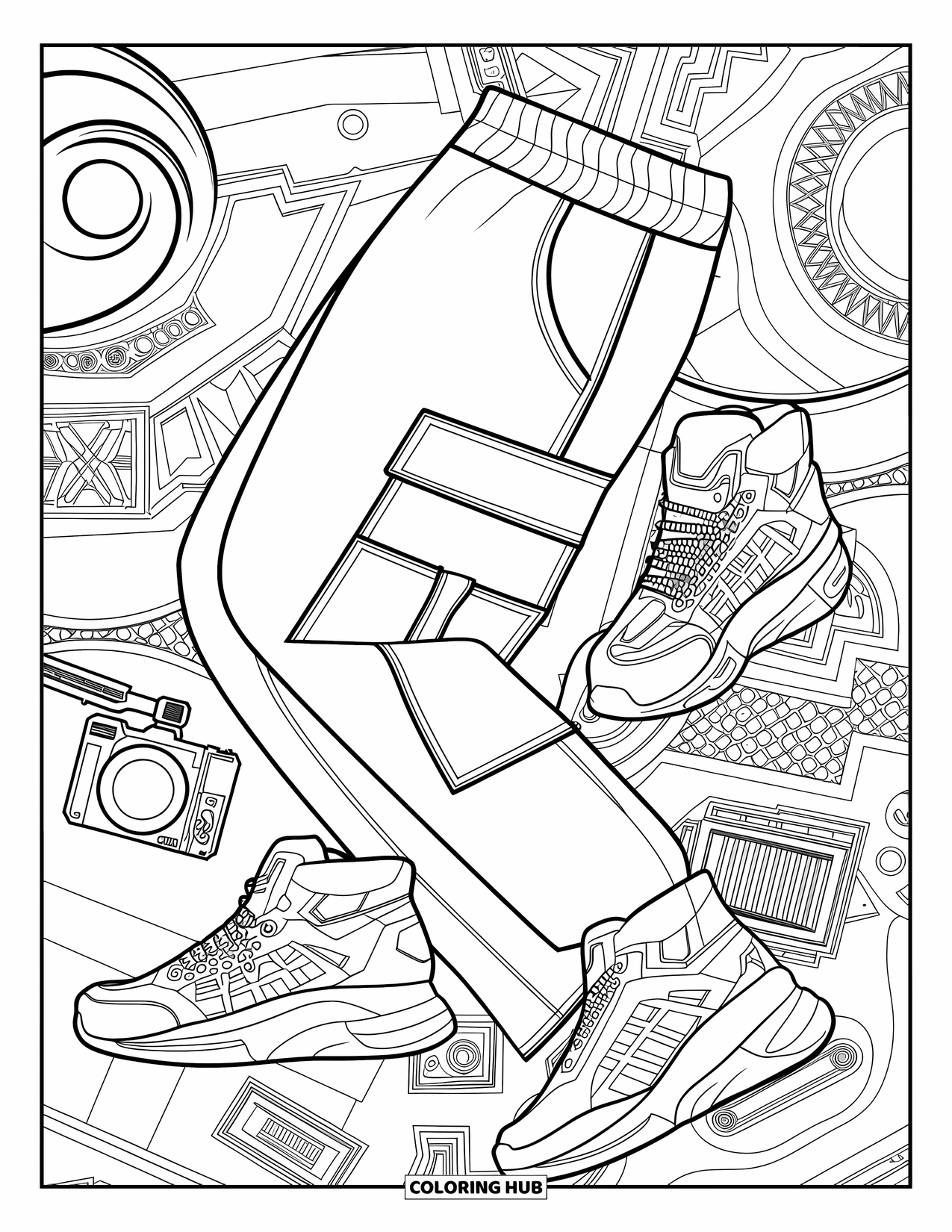 Y2K Coloring Page for Adults: Detailed streetwear flatlay with edgy gear and artistic patterns across the full scene