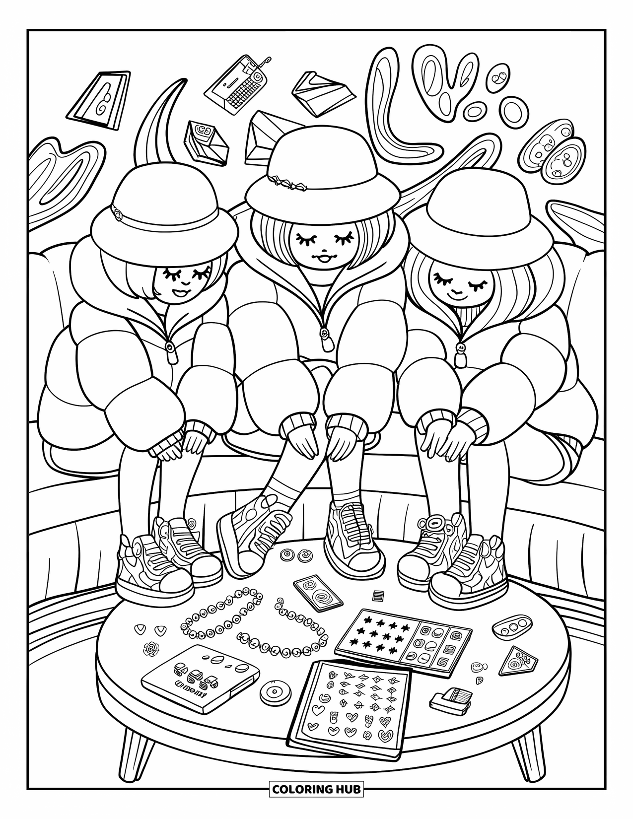 Y2K Coloring Page for Adults: Friends in puffy jackets gather to decorate journals with bracelets, stickers, and CD tunes