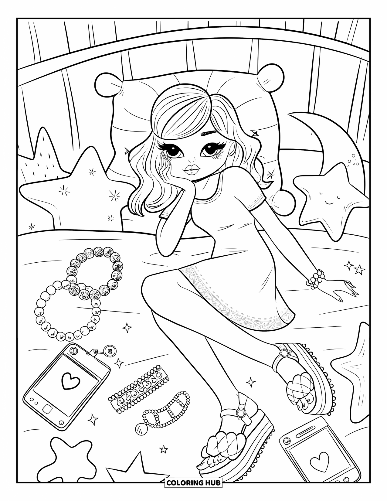Y2K Coloring Page for Adults: Girl relaxes on a bed with charms, platform sandals, and stuffed stars all around