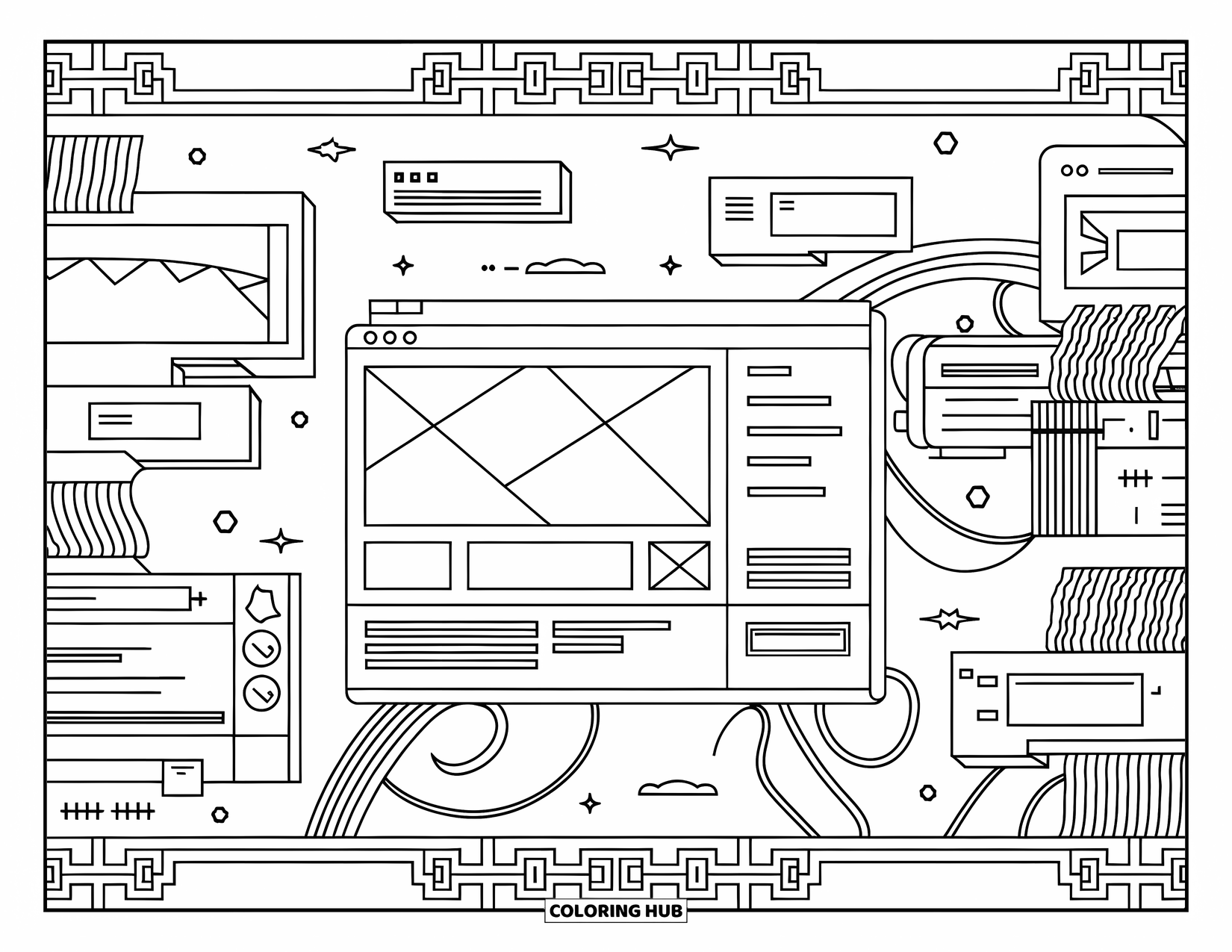 Y2K Coloring Page for Adults: Glitchy retro webpage with windows, icons, and a background of wires and computer parts