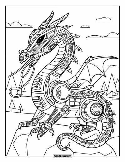 Ζωγραφιά Y2K για μεγάλους: Μηχανικός δράκος με εξαρτήματα κονσόλας ξεκουράζεται στη φύση, περιτριγυρισμένος από δέντρα και βουνά