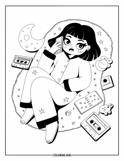 Ζωγραφιά Y2K για μεγάλους: Χαλαρό chibi μιλά στο flip phone και ζωγραφίζει, περιτριγυρισμένο από λούτρινα και κασέτες