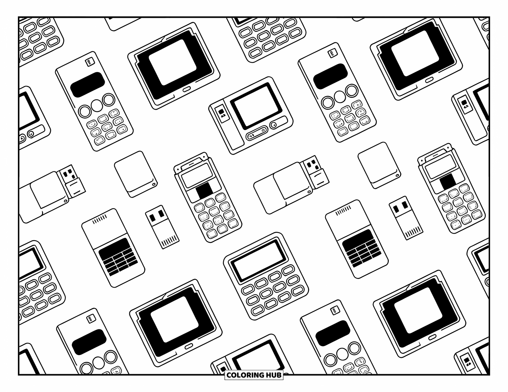 Y2K Coloring Page for Adults: Repeating design of old-school gadgets like flip phones, pagers, and USB drives