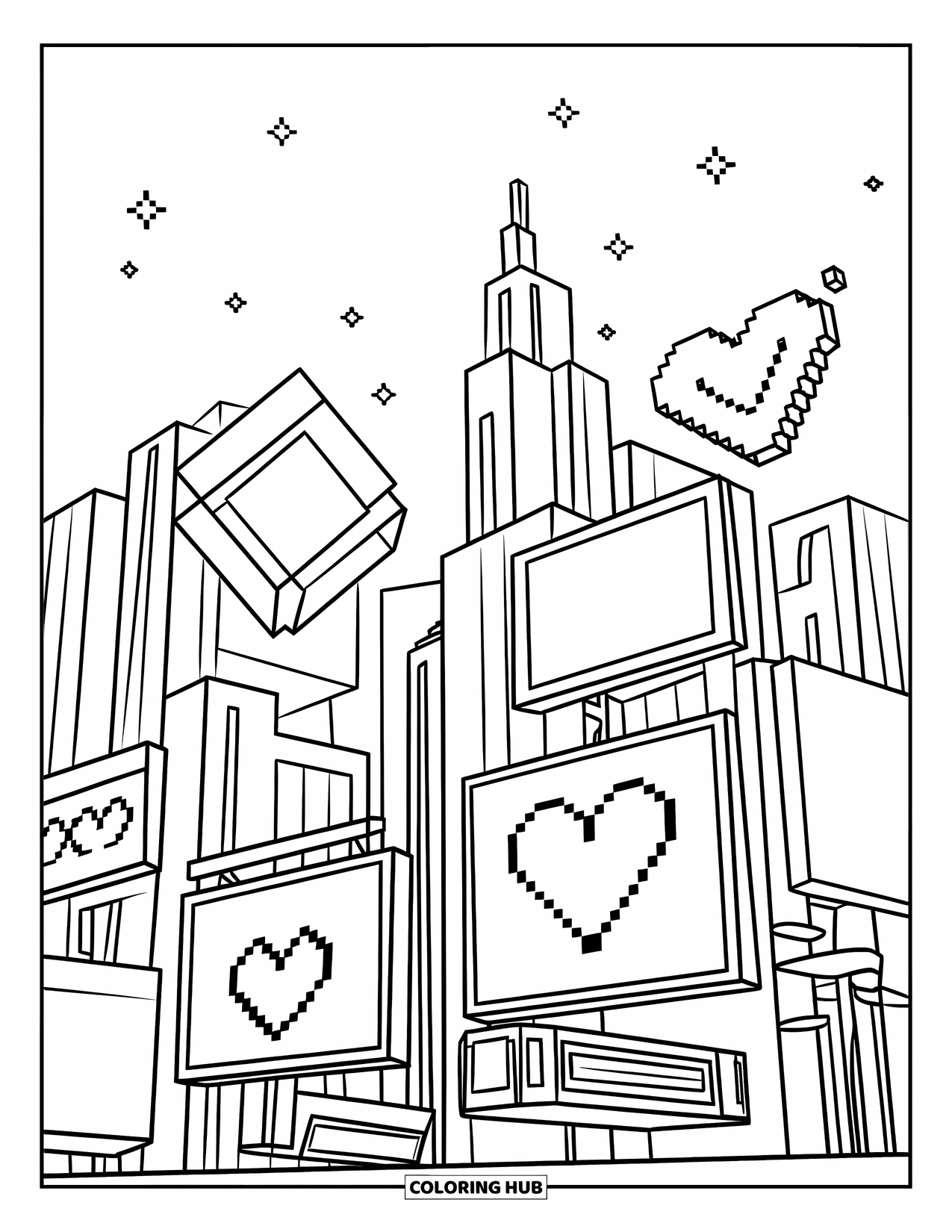 Y2K Coloring Page for Adults: Retro skyline with pixel hearts, glowing signs, and tall buildings everywhere
