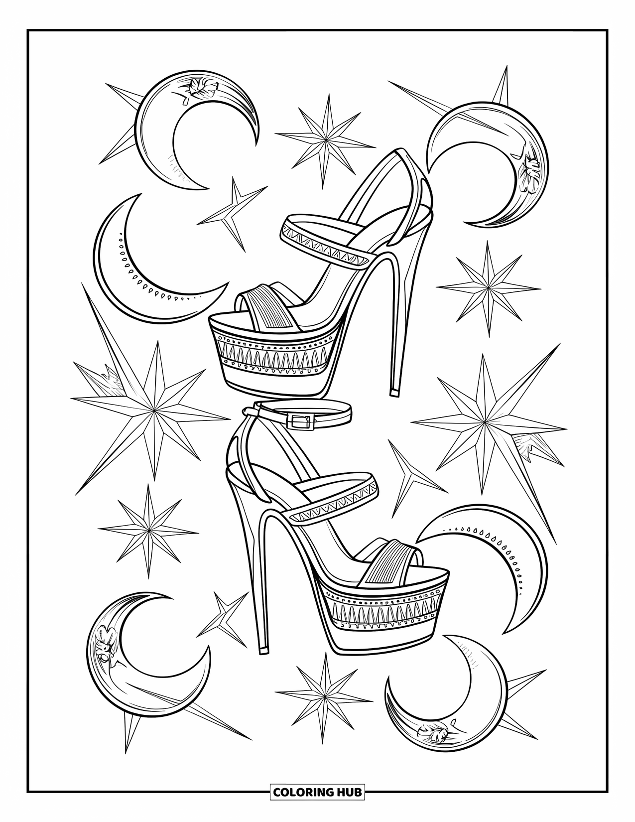 Y2K Coloring Page for Adults: Stacked heels with shining stars and moons mixed into an artistic swirl