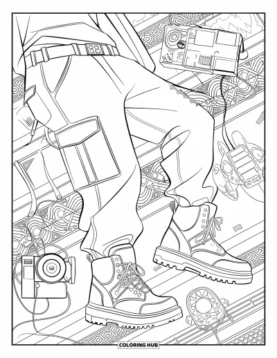 Ζωγραφιά Y2K για μεγάλους: Streetwear flatlay με cargo pants, μπότες, ακουστικά και βιντεοκάμερα σε τοίχο από τούβλα