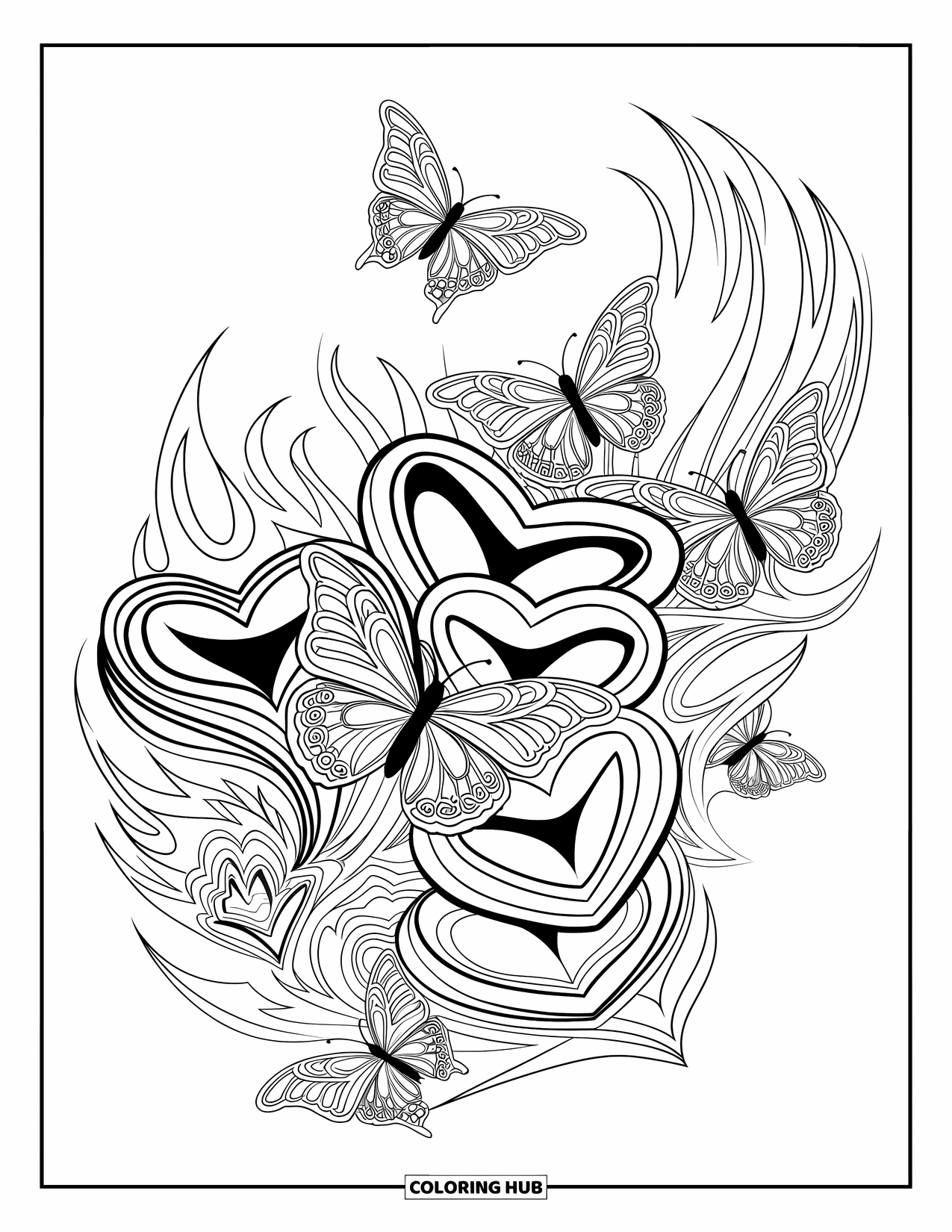 Y2K Coloring Page for Adults: Swirling design of tribal butterflies, chrome hearts, and soft flowing flames