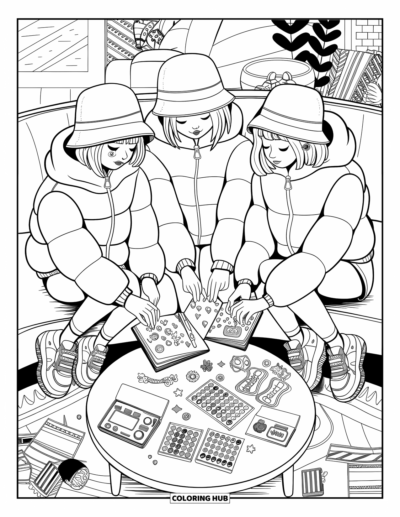 Y2K Coloring Page for Adults: Three cozy friends design journals at a table full of Y2K charms and stickers