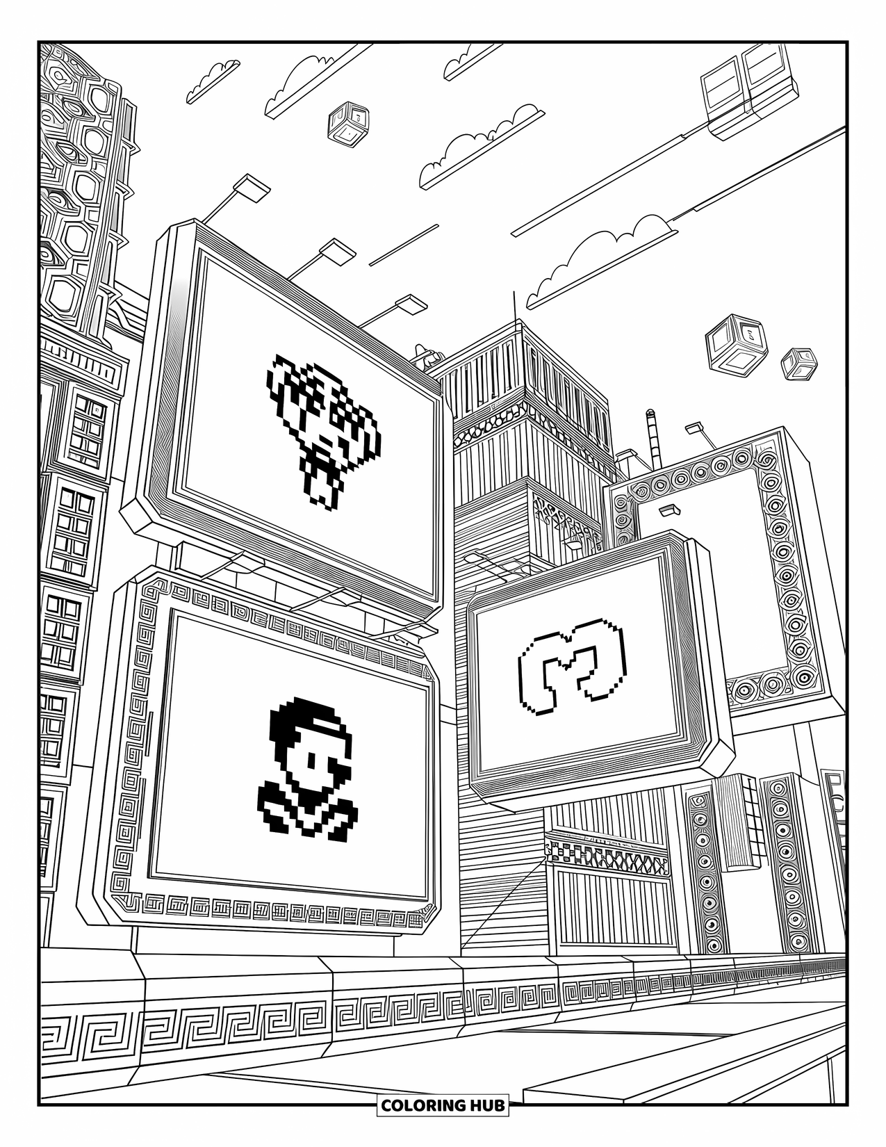 Y2K Coloring Page for Adults: Urban scene with pixel billboards, holograms, and buildings covered in tiny details
