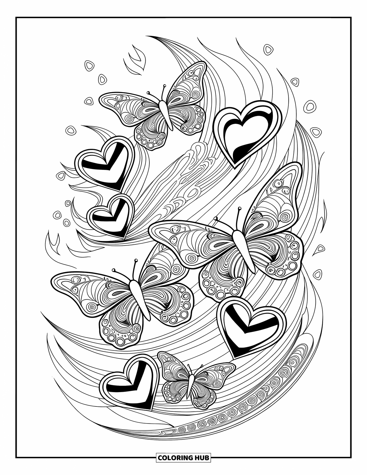 Y2K Coloring Page for Adults: Whimsical mix of butterflies, hearts, and flames flowing together in a twisty pattern