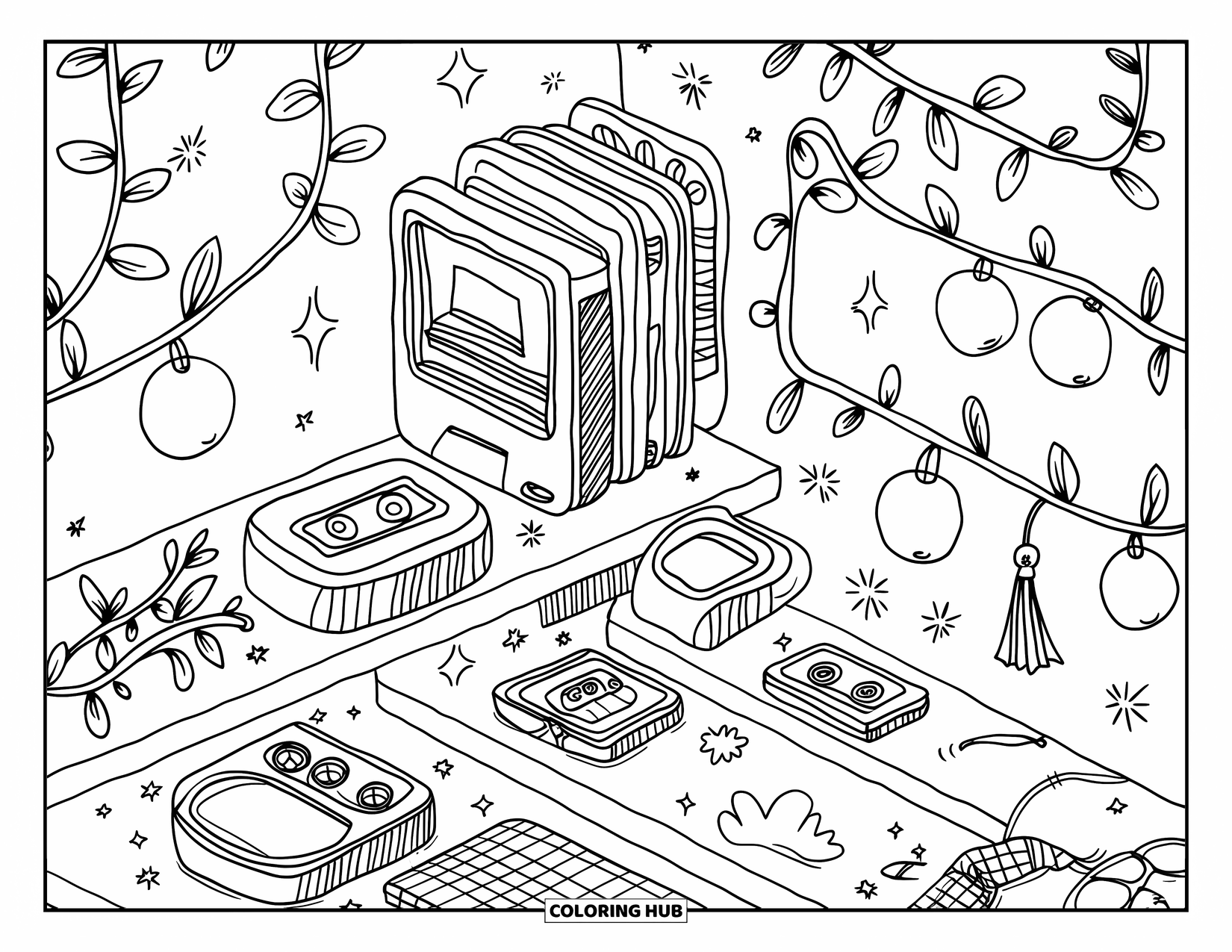 Y2K Coloring Page for Adults: Y2K shelf full of photo albums, charms, cassettes, and a digital pet with cozy decor