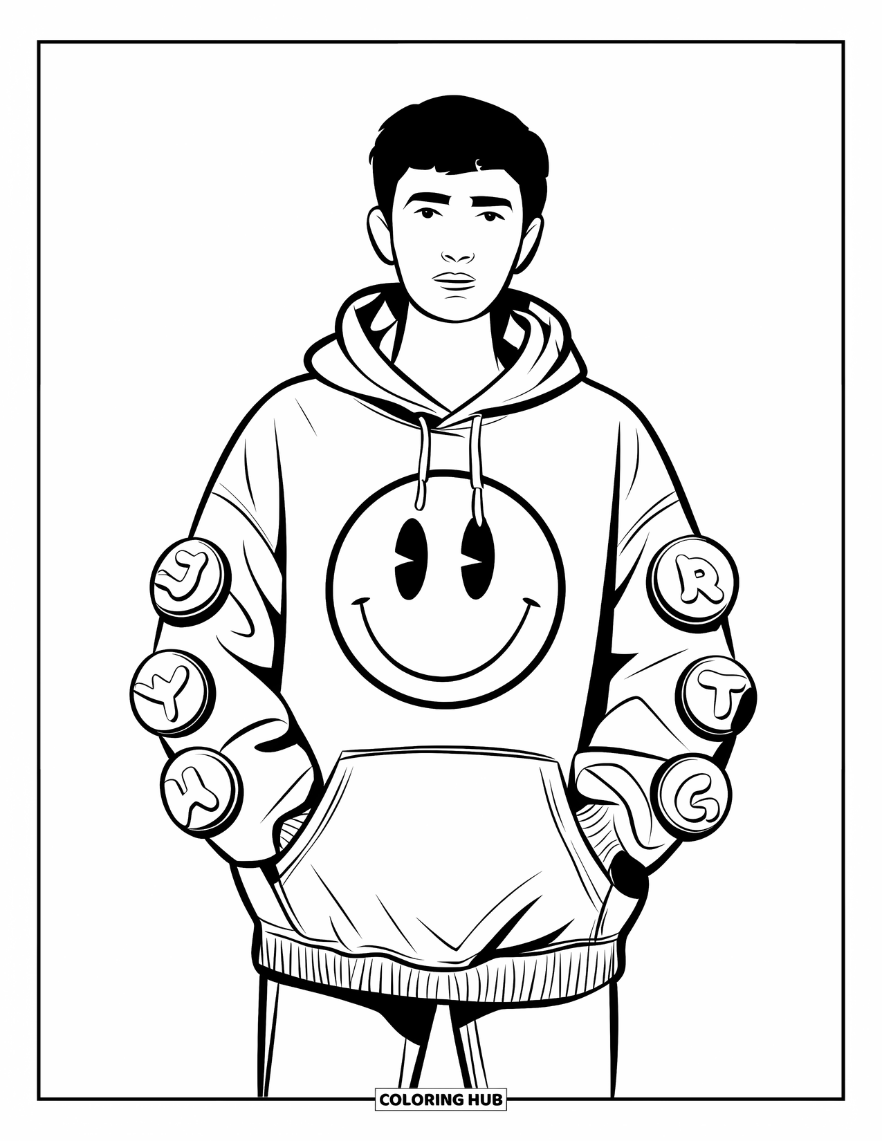 Y2K Coloring Page for Kids: Baggy hoodie with a smiley face and bubble patches worn by a chill character in jeans