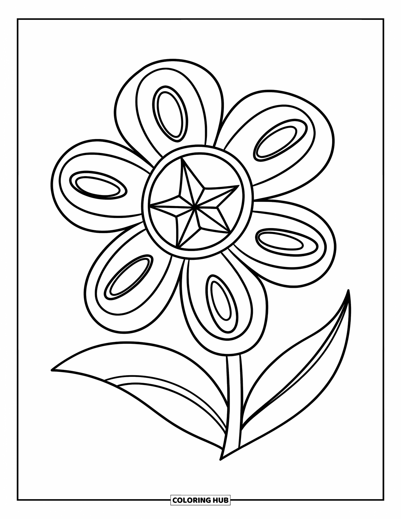 Y2K Coloring Page for Kids: Big flower with stars and swirls in every petal, standing tall on its stem
