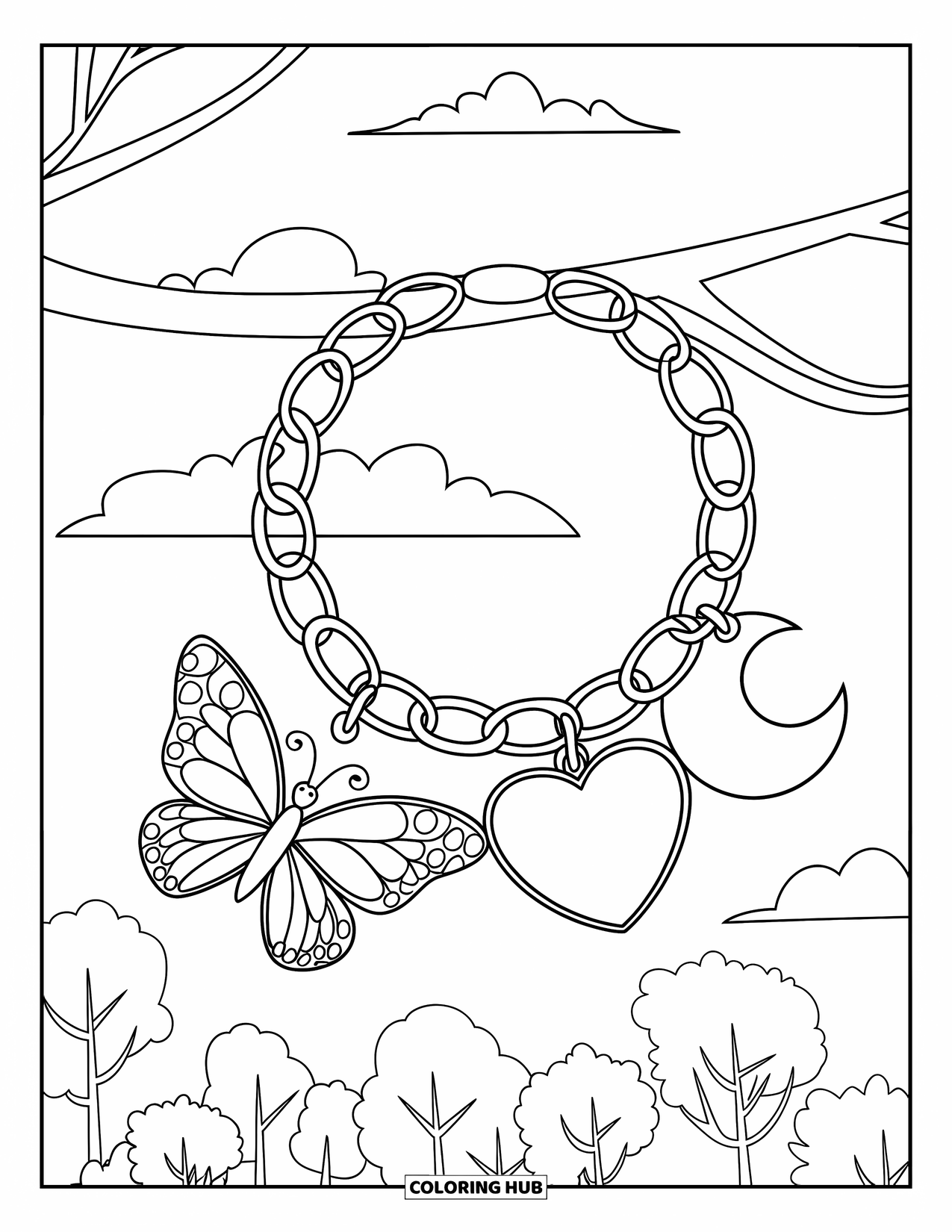 Y2K Coloring Page for Kids: Bracelet with butterfly, moon, and heart charms hanging from a branch near trees and clouds