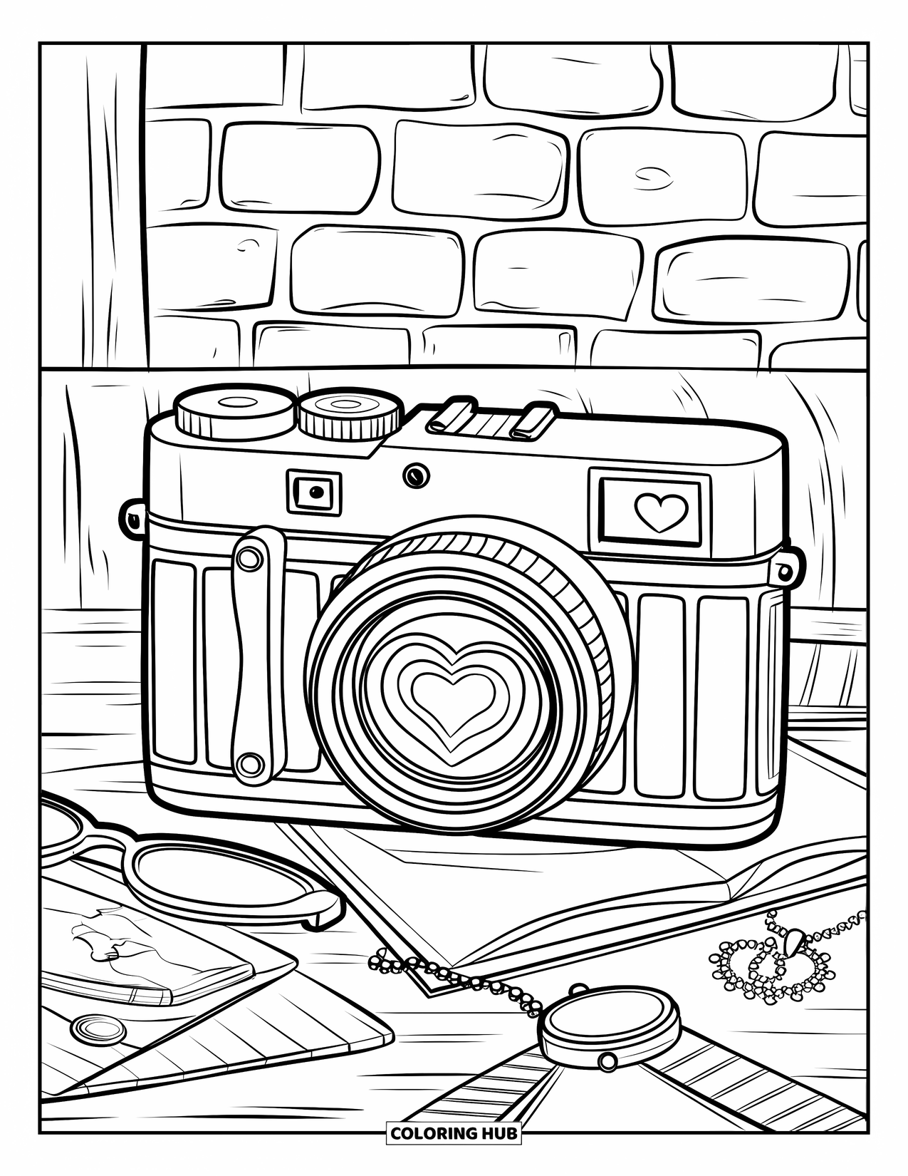 Y2K Coloring Page for Kids: Chunky camera with heart lens on a table, surrounded by glasses, jewelry, and a brick wall