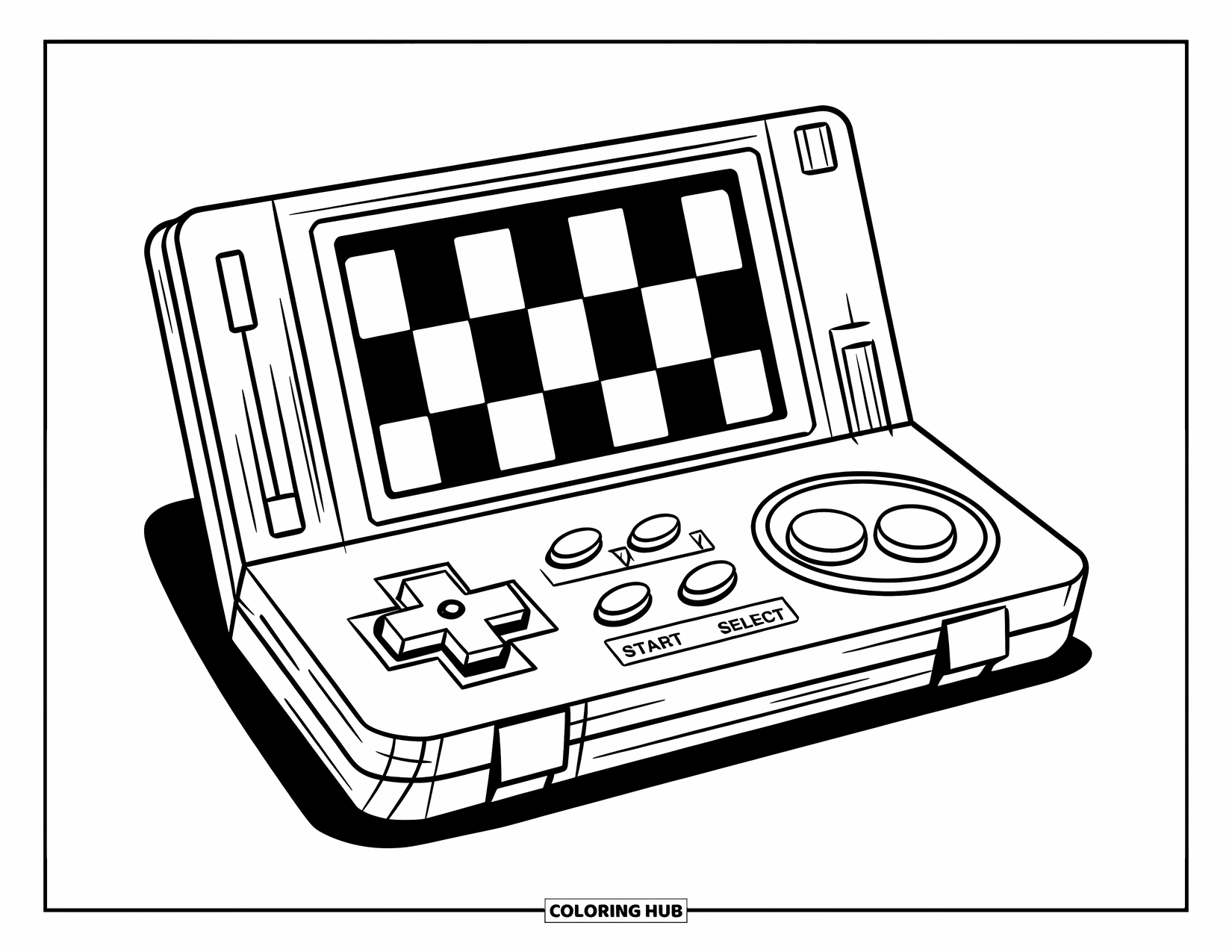 Y2K Coloring Page for Kids: Classic game console with labeled buttons and a checkered screen on a wooden body