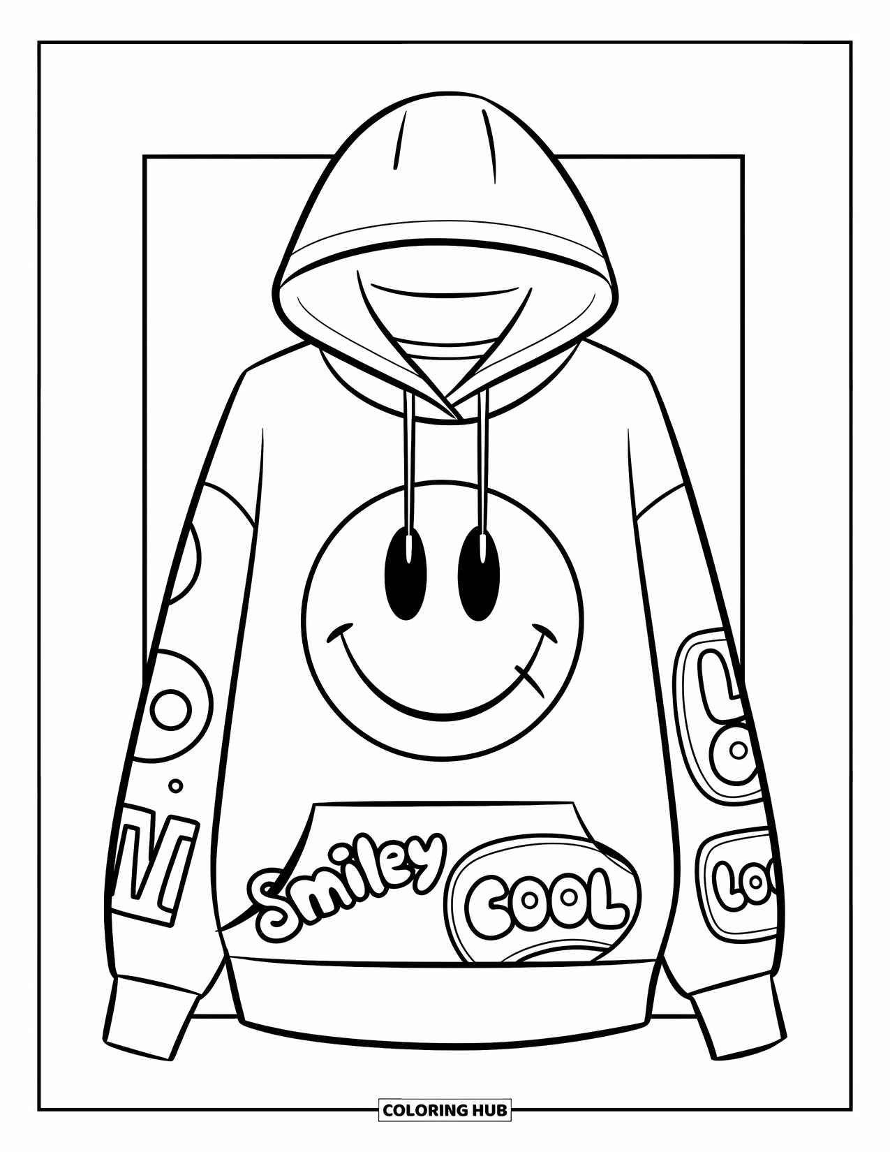 Y2K Coloring Page for Kids: Cozy hoodie with "Smiley," "Love," and "Cool" patches displayed on a mannequin