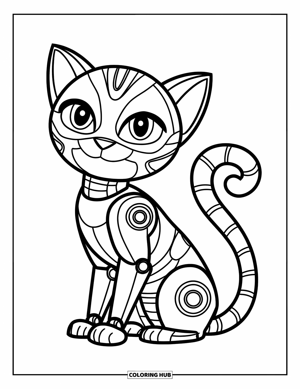 Y2K Coloring Page for Kids: Cute robot cat with swirl tail sitting peacefully