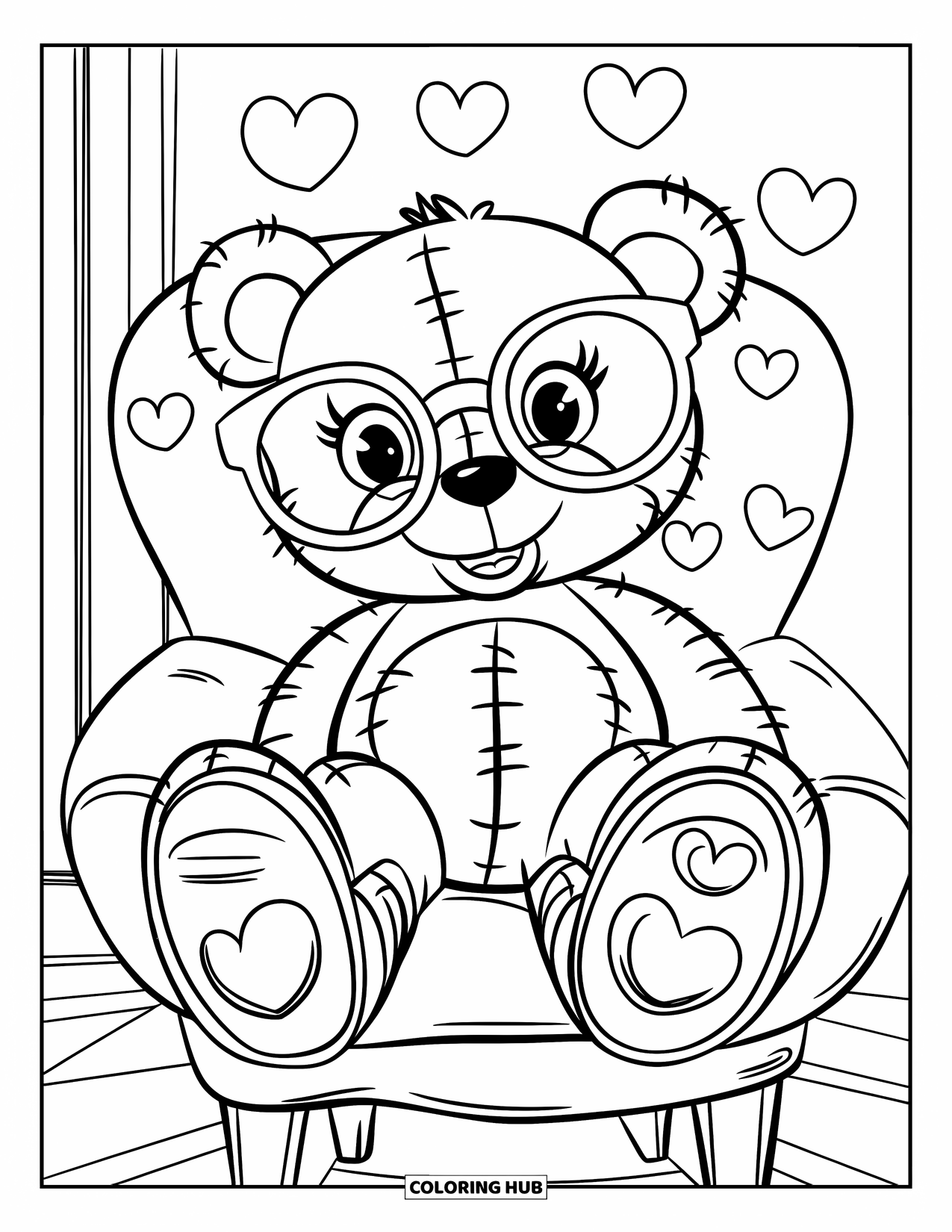 Y2K Coloring Page for Kids: Cute teddy bear with hearts floating around, wearing platform shoes and round glasses